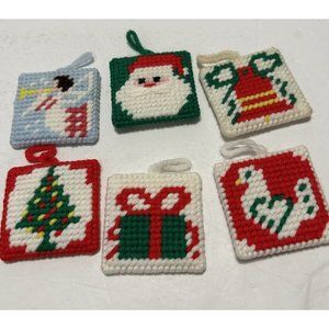 Vintage 6 Christmas Santa Claus Dove Present  Needlepoint Christmas Ornaments